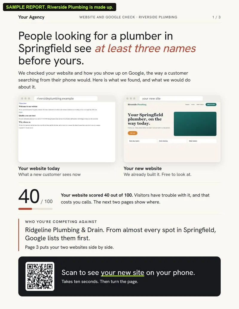 Page 1 of a Grader report with a website preview built for the prospect